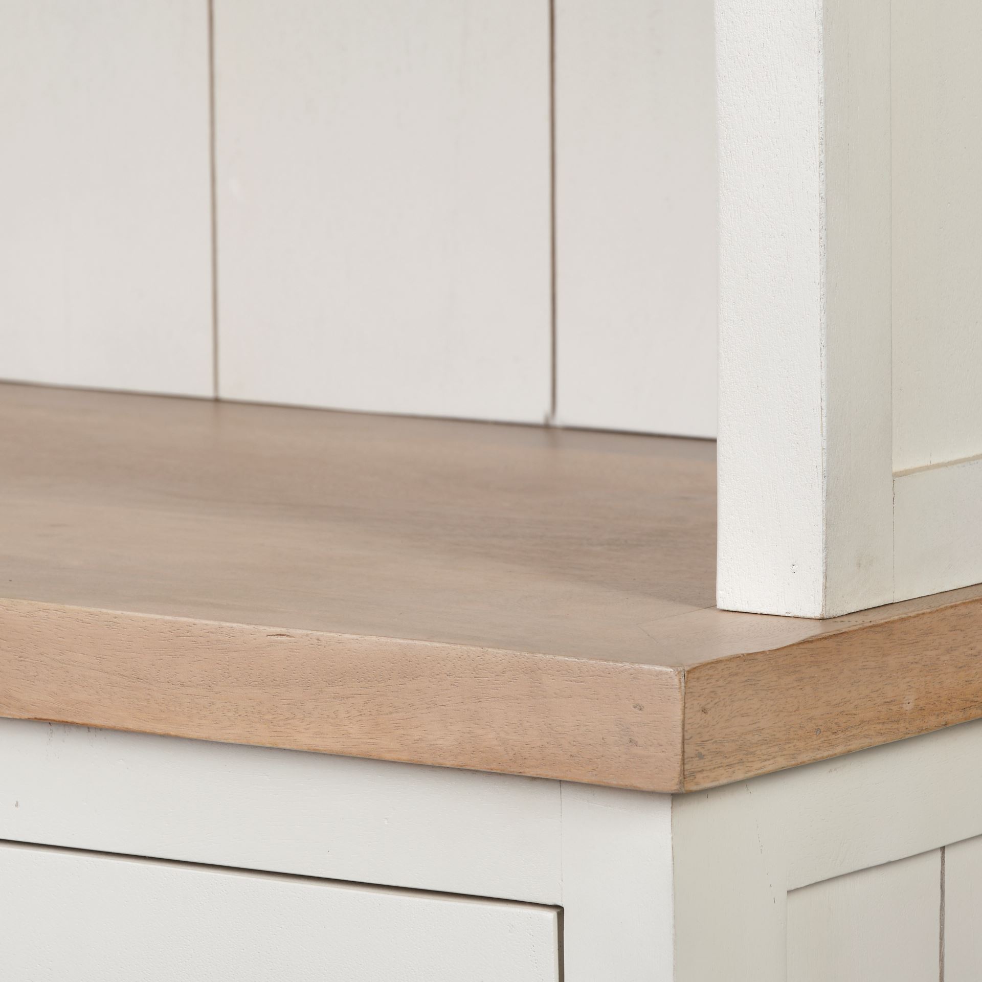 Fairview I  White and Medium Brown Wood Three Shelf Shelving Unit, Shelving & Bookcase by Mercana, 39" length x 17" width x 90" height View 10