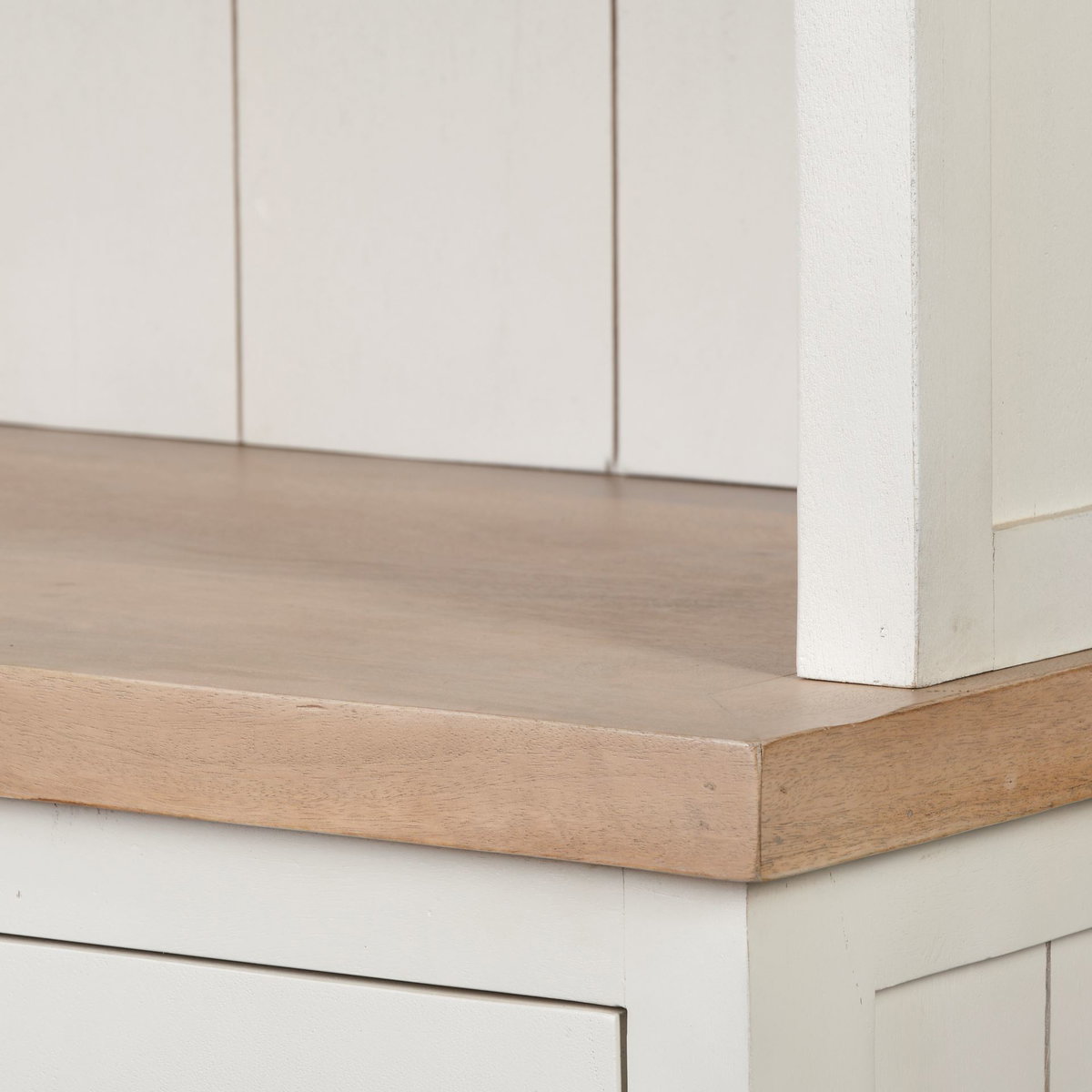 Fairview I  White and Medium Brown Wood Three Shelf Shelving Unit, Shelving & Bookcase by Mercana, 39" length x 17" width x 90" height View 10