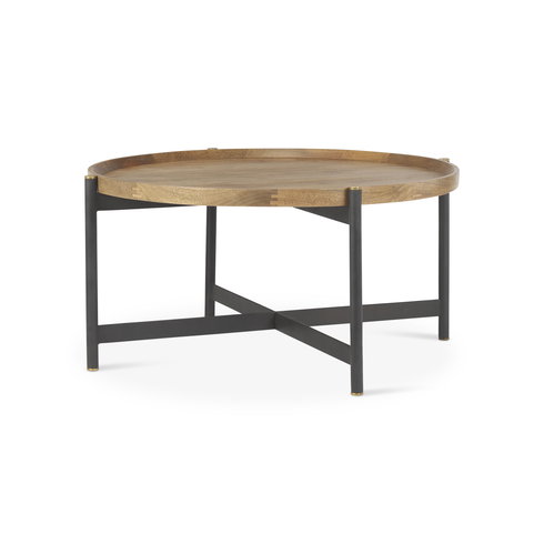 Marquisa 34.25" Round Small Brown Wood with Black Metal Coffee Table