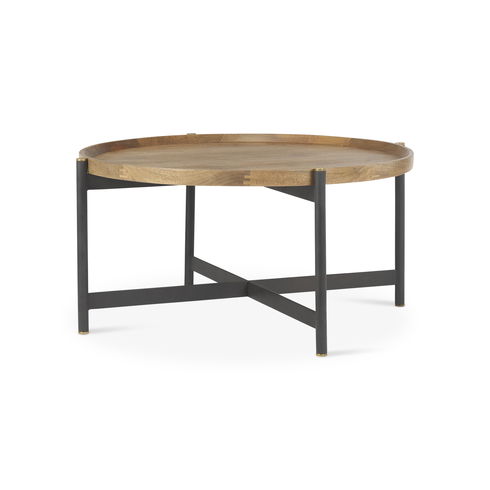 Marquisa 34.25L x 34.25W x 16.5H Small Brown Wood with Black Metal Coffee Table