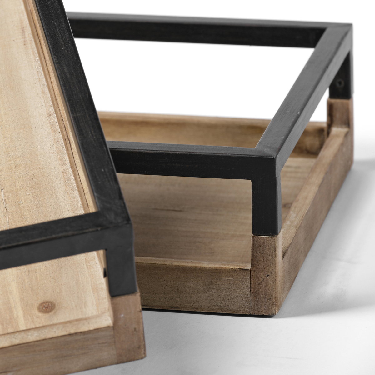 Ross Set of 2 Natural Wood with Black Metal Nesting Trays, Decorative Tray by Mercana, 18.9" length x 11.81" width x 4.25" height View 8