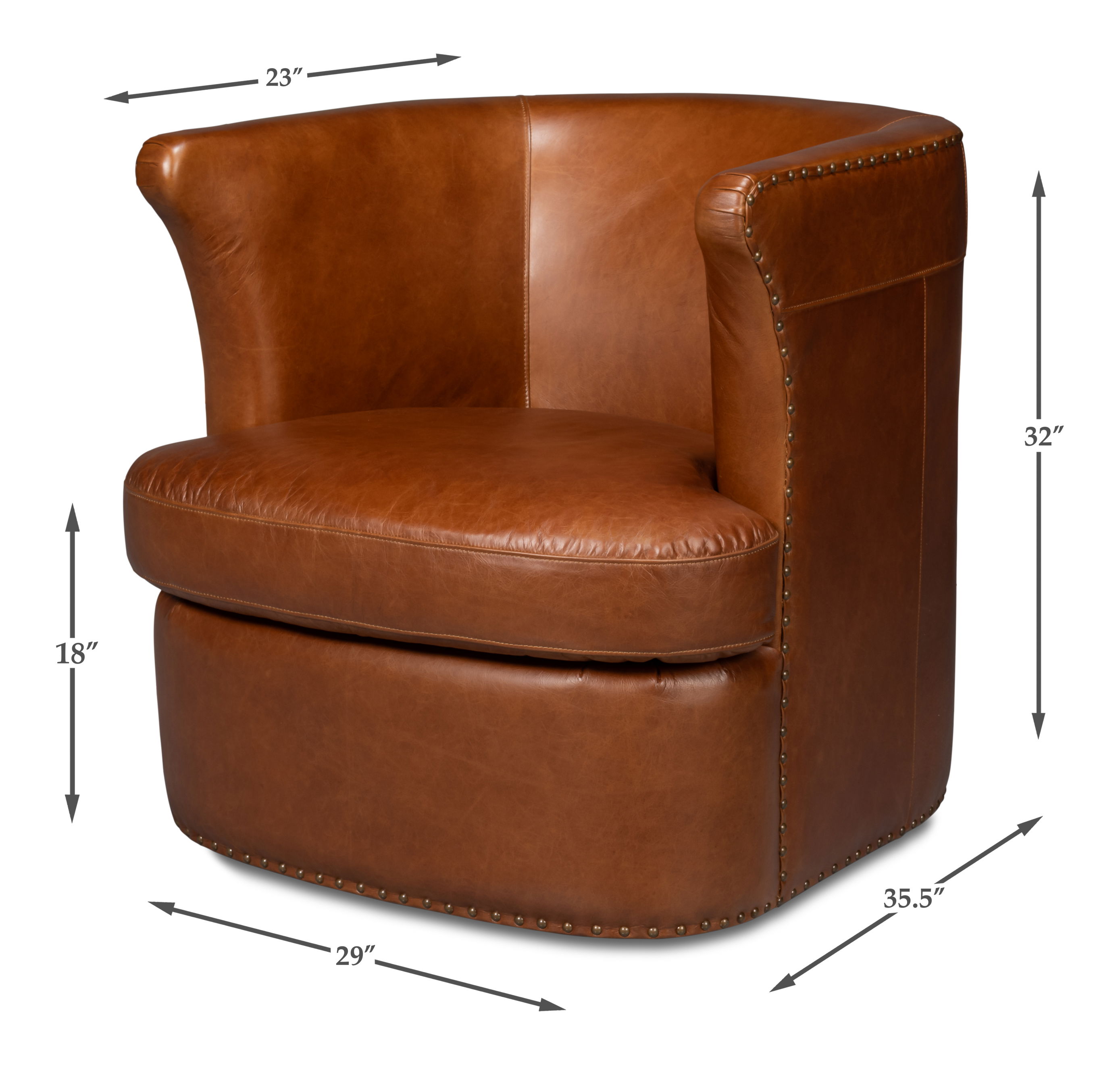 Spencer Distilled Leather Swivel Chair, Seating by Sarreid, 29" length x 33.5" width x 32" height View 15