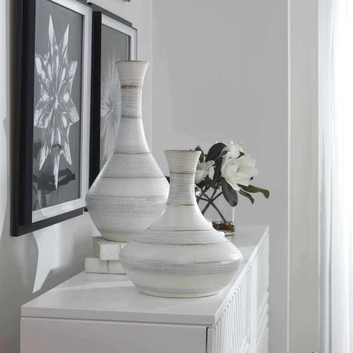 Potter Fluted Striped Vases Set/2, by Uttermost, 10.62" width x 20.6" height x 10.62" depth View 3