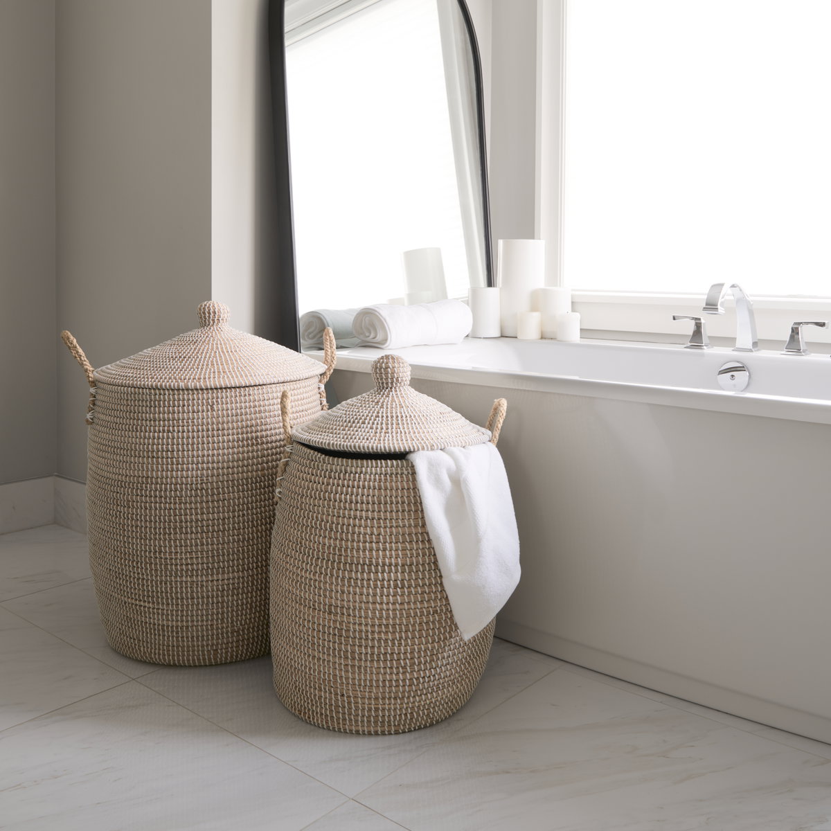 Kairi Set of 2 Seagrass Floor Baskets with Lids and Handles, Bins & Basket by Mercana, 20.87" length x 20.87" width x 29.92" height View 2