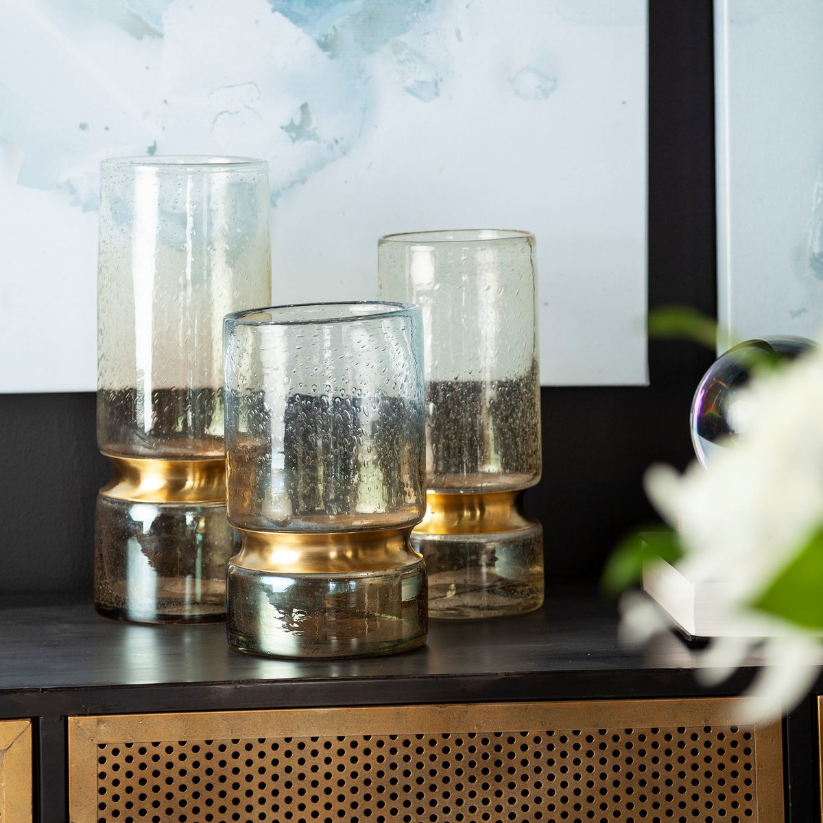 Adriatic I Small Brushed Gold Metal Glass Vase, by Mercana, 4.72" length x 4.72" width x 11.02" height View 3