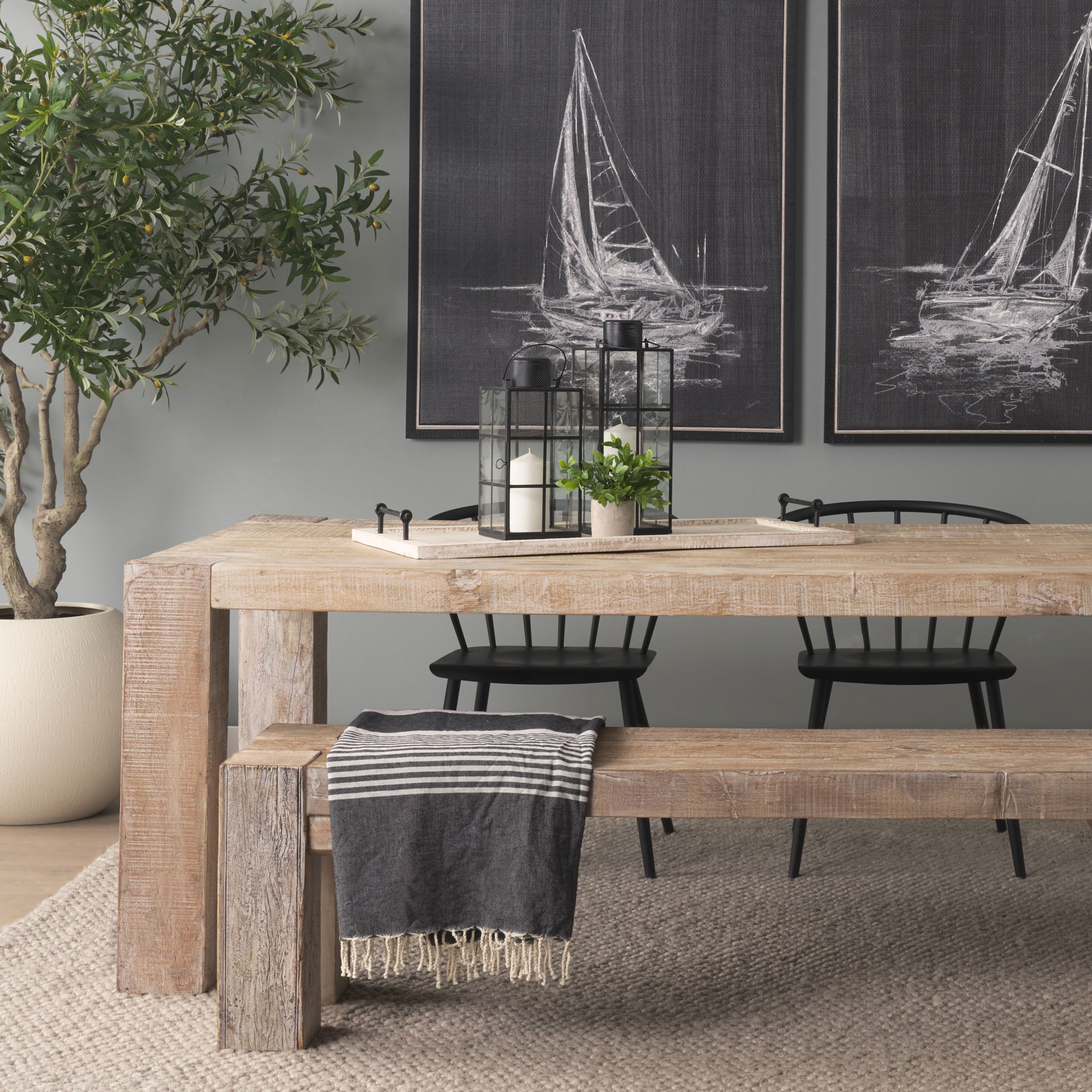 Alfred 35L x 16W Natural Wooden Herringbone Rectangular Tray, Decorative Tray by Mercana, 16" length x 35" width x 4" height View 4