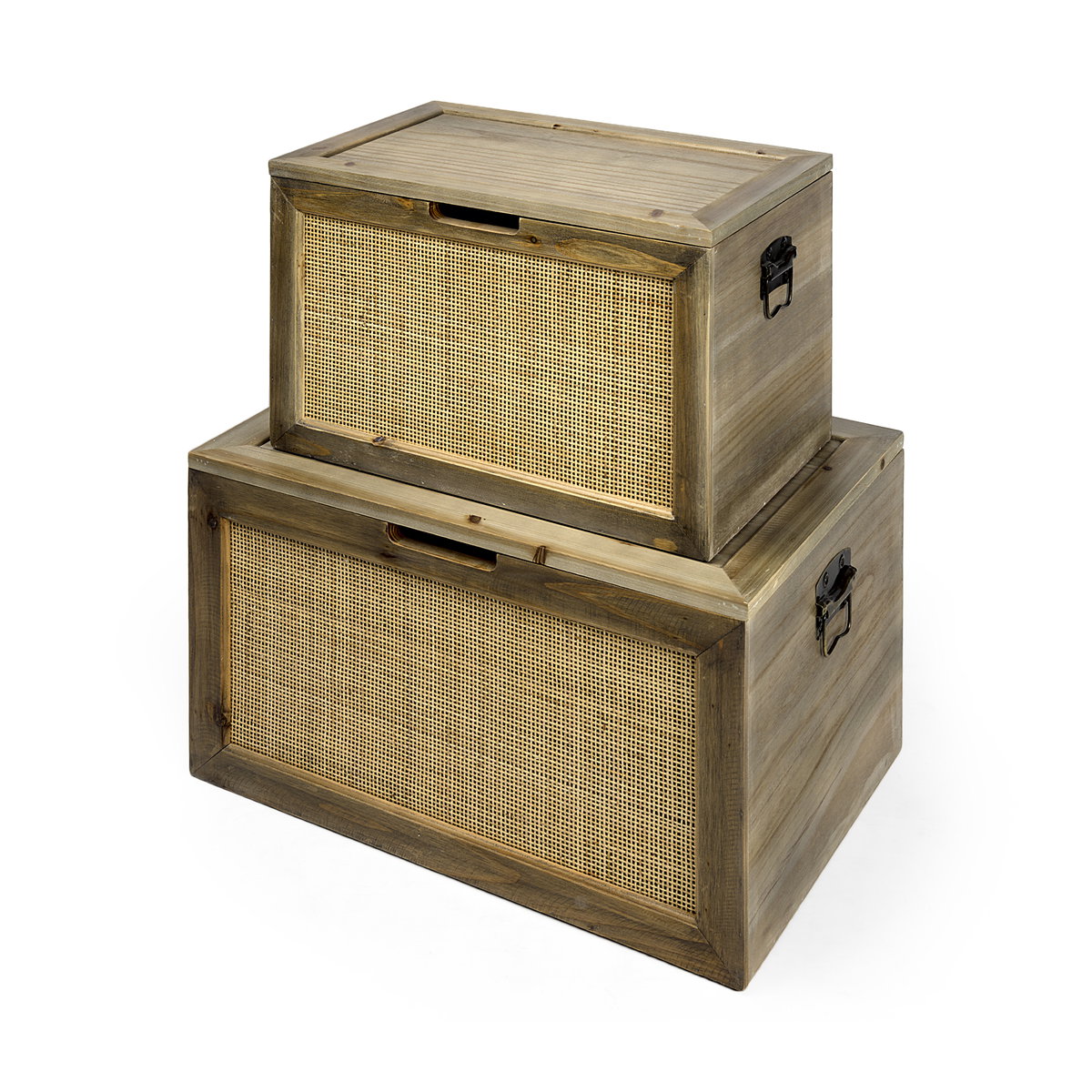 Sonny  Set of Two Brown Wood and Wicker with Metal Detail Rectangular Boxes, by Mercana, 23.62" length x 15.75" width x 13.78" height View 1