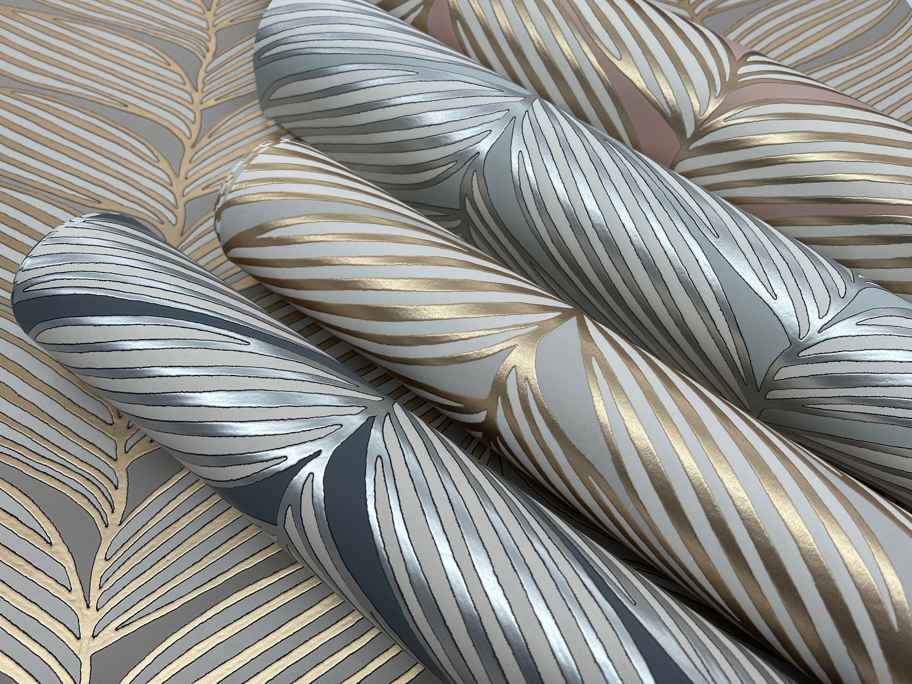 Luminous Leaves Grey & Gold Wallpaper large image 