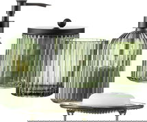 Online Designer Bathroom 4PCs Heavy Weight Decent Glass Bathroom Accessories Set with Decorative Pressed Pattern - Includes Soap Dispenser, Lidded Cotton Jar, Tumbler and Soap Dish(Olive Green)