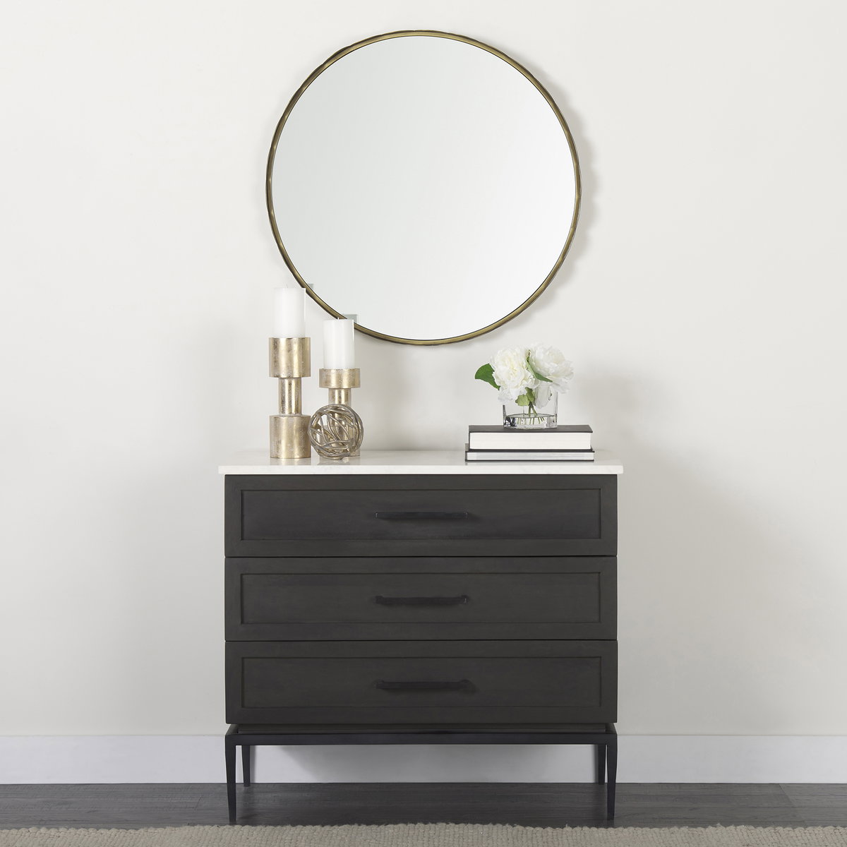 Divina Black-Brown Wood with White Marble Top and Black Metal Base Accent Cabinet, Cabinets & Chest by Mercana, 36" length x 18.5" width x 32" height View 2