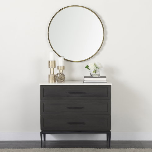 Divina Black-Brown Wood with White Marble Top and Black Metal Base Accent Cabinet