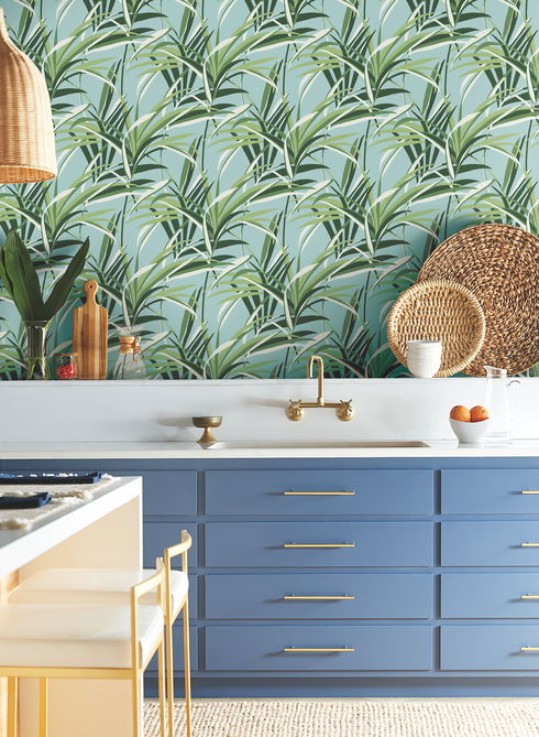 Tropical Paradise Green & Light Blue Wallpaper