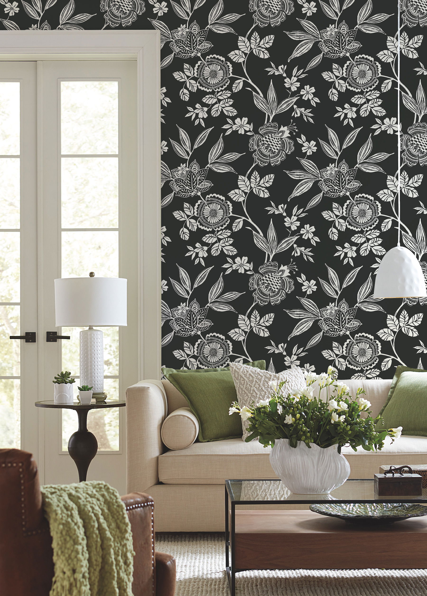 Wood Cut Jacobean Black & White Wallpaper large image 