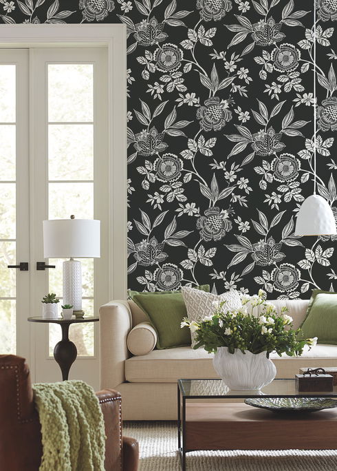 Wood Cut Jacobean Black & White Wallpaper