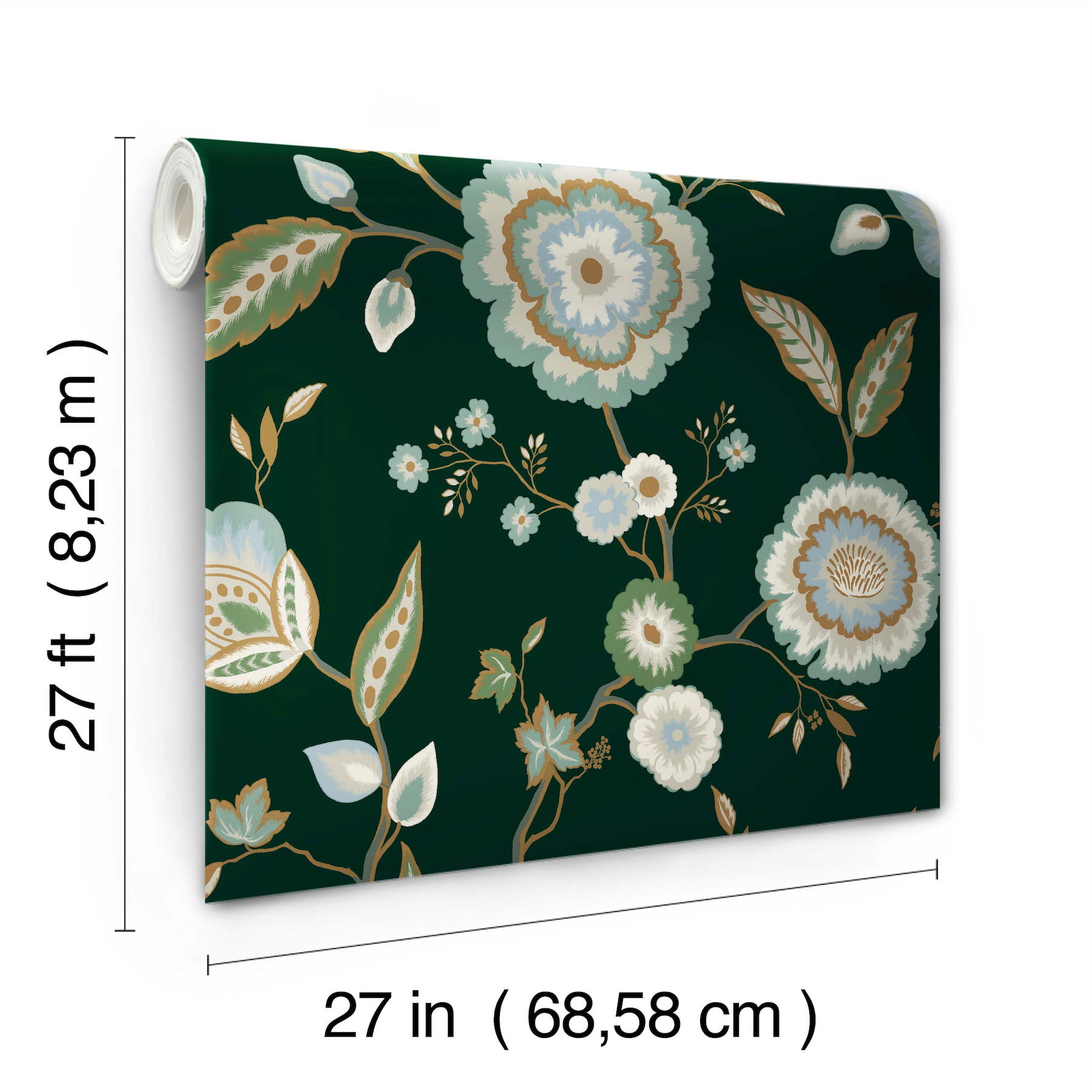 Dahlia Blooms Green & Blue Metallic Wallpaper large image 