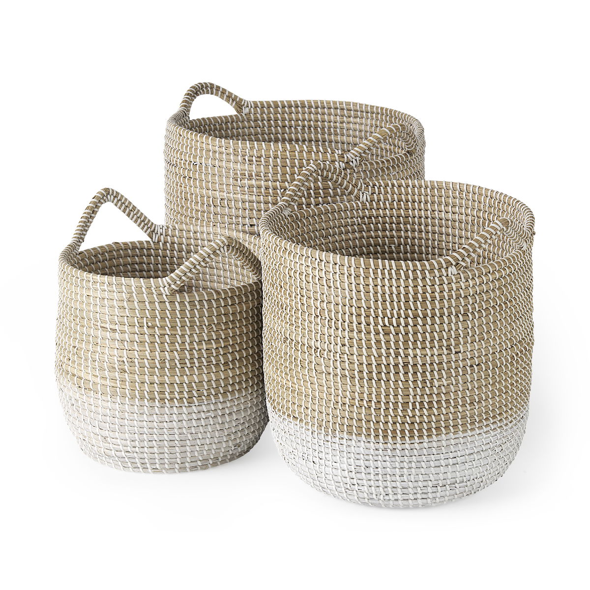 Maddie (Set of 3) Light Brown with White Dipped Seagrass Round Basket  with Handles, Bins & Basket by Mercana, 15.75" length x 15.75" width x 17.32" height View 1