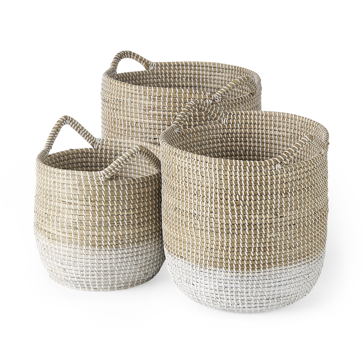 Maddie (Set of 3) Light Brown with White Dipped Seagrass Round Basket  with Handles, Bins & Basket by Mercana, 15.75" length x 15.75" width x 17.32" height View 1