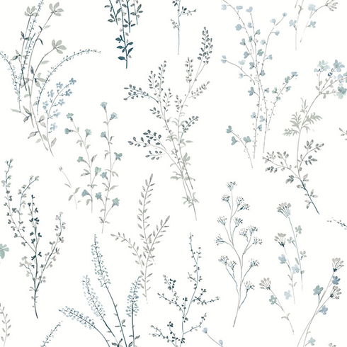 Wildflower Sprigs Blue & Green Wallpaper