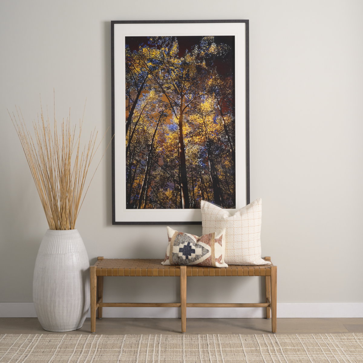 Shane Brown Wood with Woven Brown Leather Bench, Benche by Mercana, 52" length x 16.5" width x 18.75" height View 3