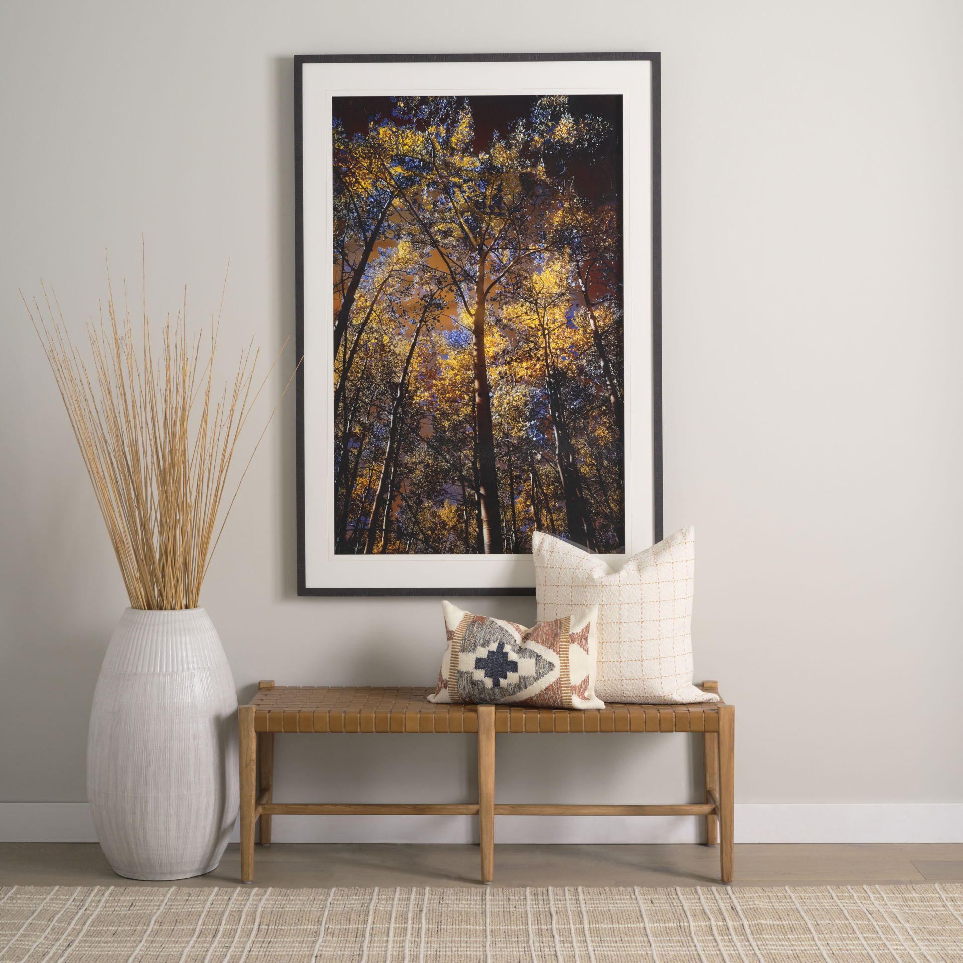 Shane Brown Wood with Woven Brown Leather Bench large image 