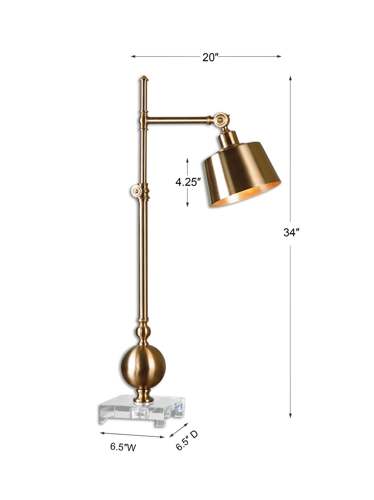 Laton Brushed Brass Task Lamp, by Uttermost, 20" width x 34" height x 7" depth View 3