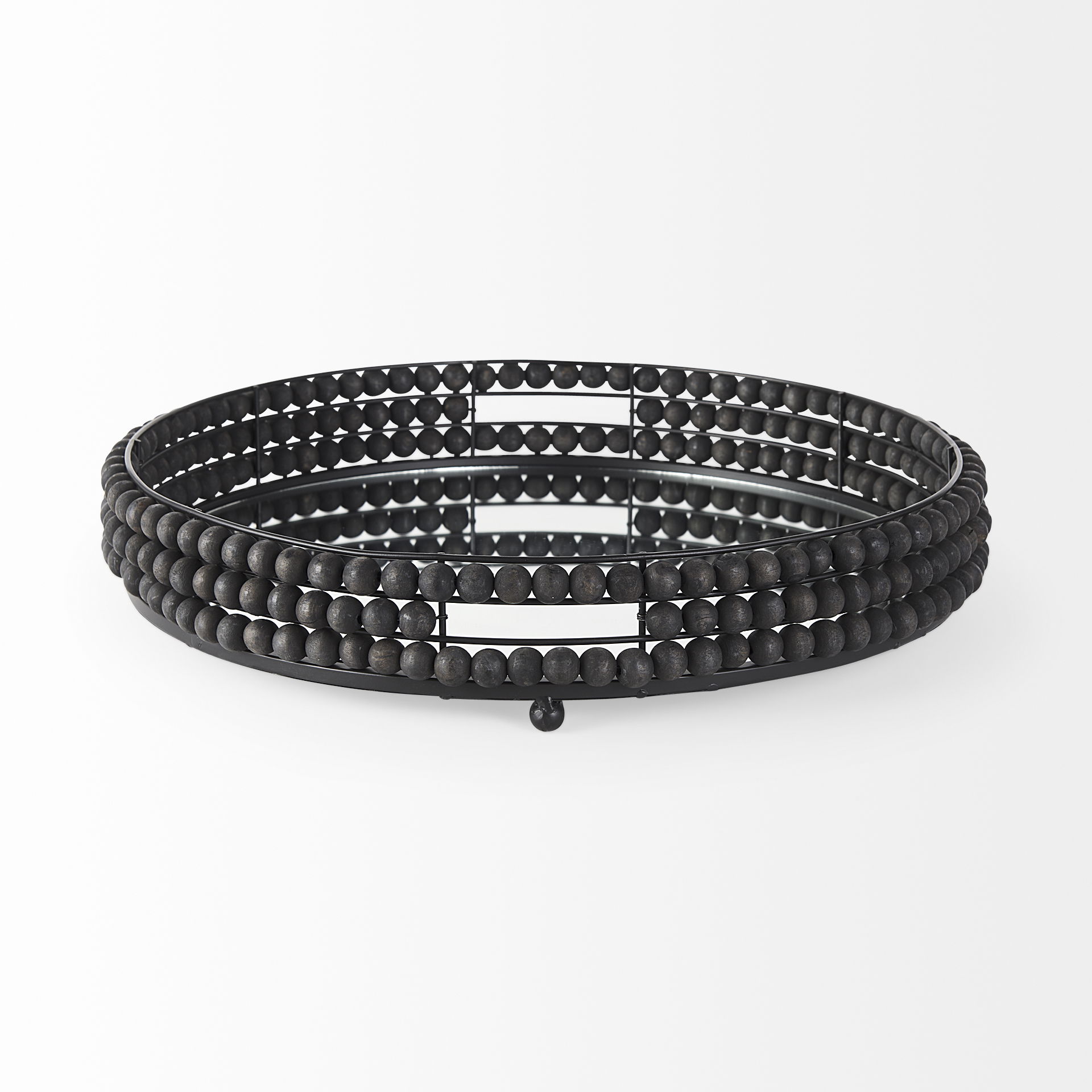 Decatur II 21L x 21W Black Wooden Bead Mirrored Bottom Round Tray, Decorative Tray by Mercana, 21.26" length x 21.26" width x 3.94" height View 4