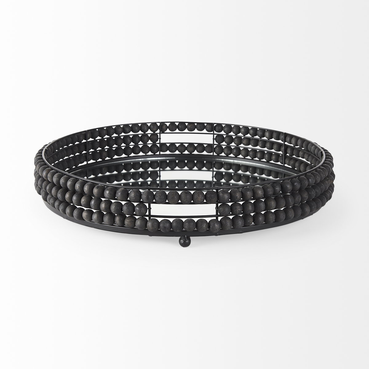 Decatur II 21L x 21W Black Wooden Bead Mirrored Bottom Round Tray, Decorative Tray by Mercana, 21.26" length x 21.26" width x 3.94" height View 4