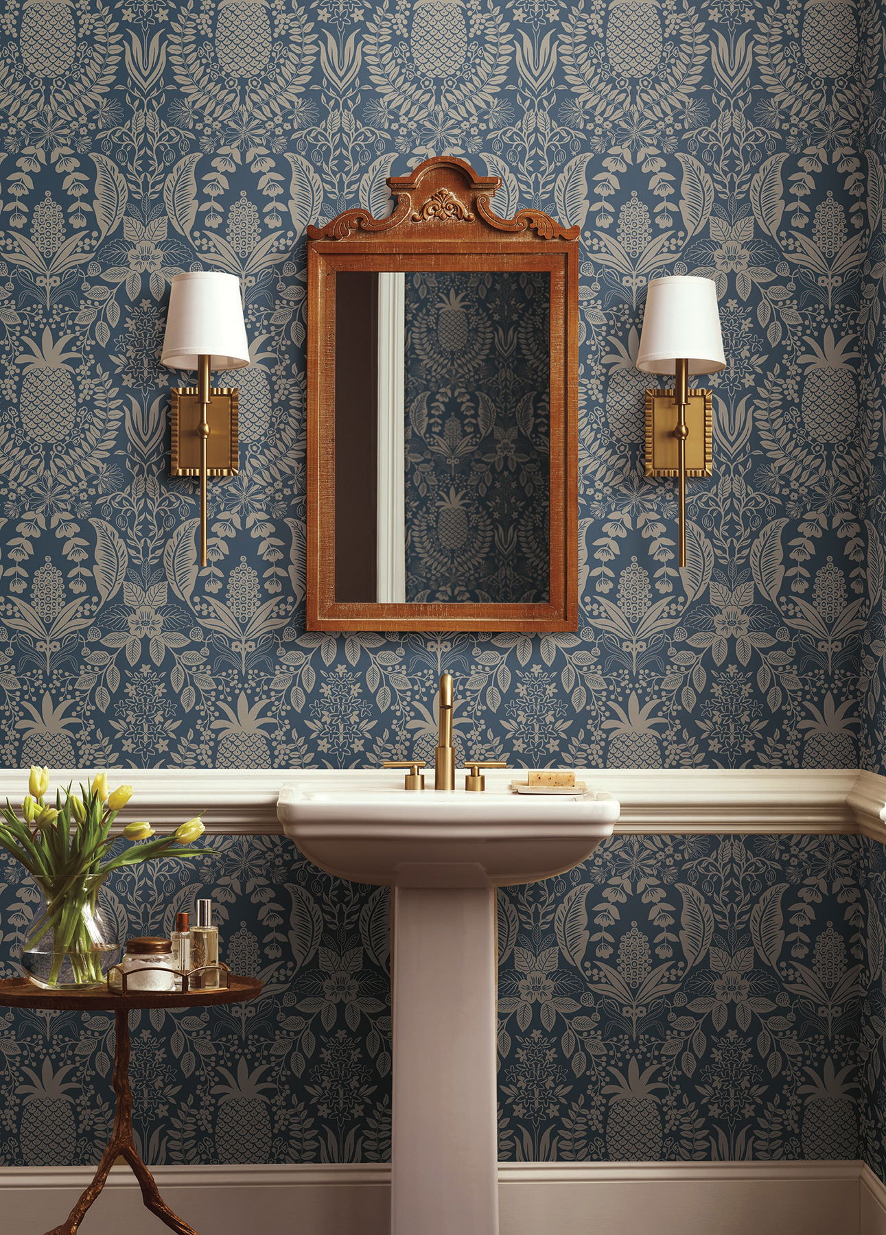 Pineapple Damask Navy Wallpaper large image 