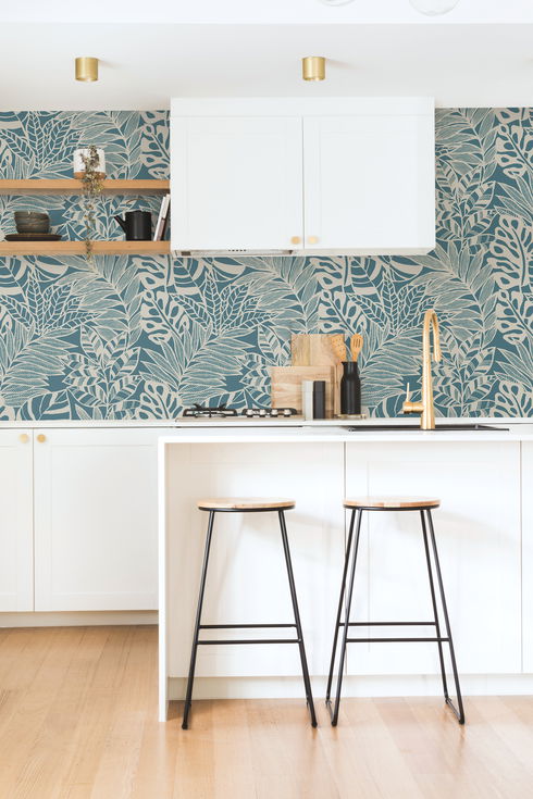 Jungle Leaves Teal Wallpaper