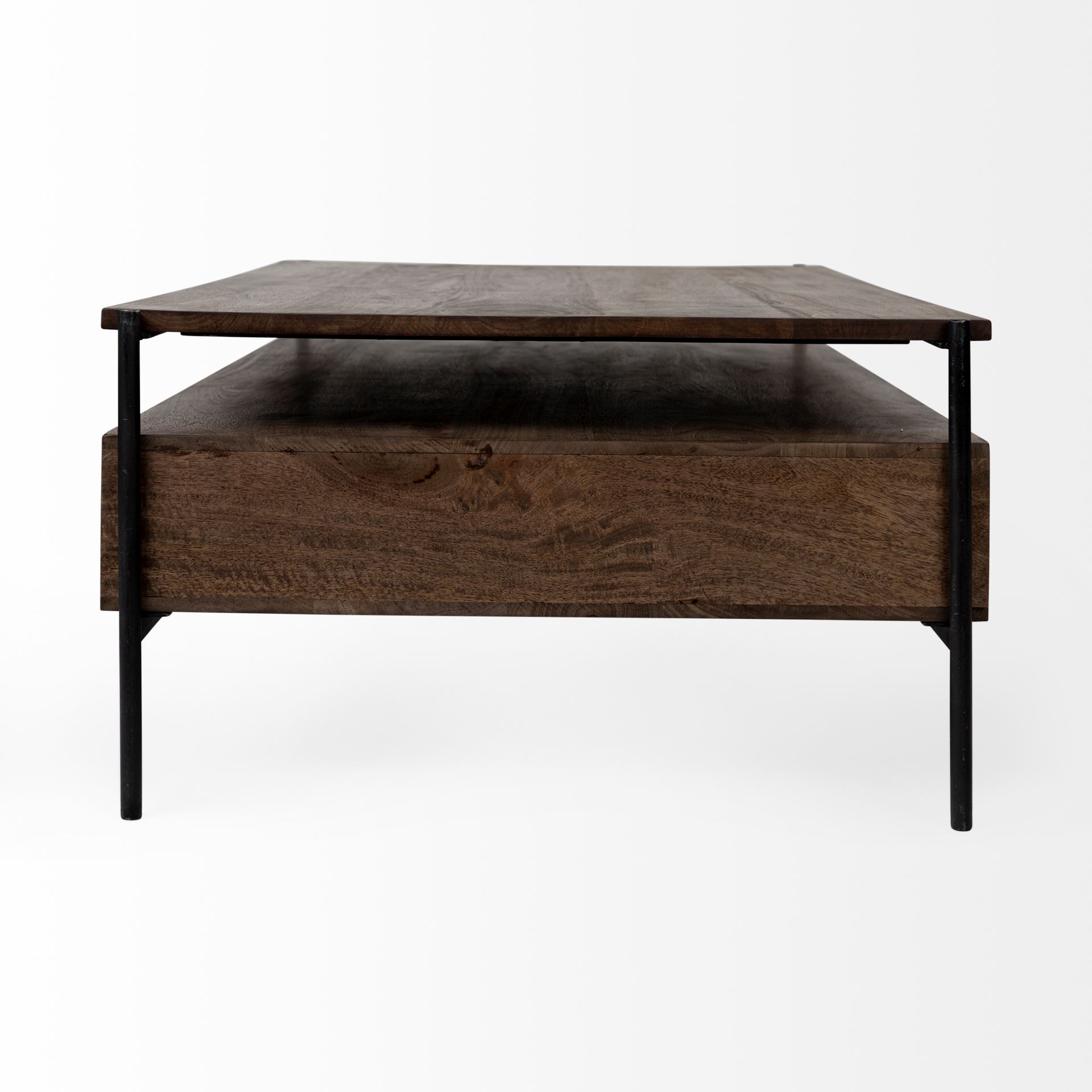 Glenn II 54x30 Dark Brown Wood with Black Iron Frame, Rectangle 3 Drawers Coffee Table, by Mercana, 55.75" length x 30.5" width x 17" height View 7