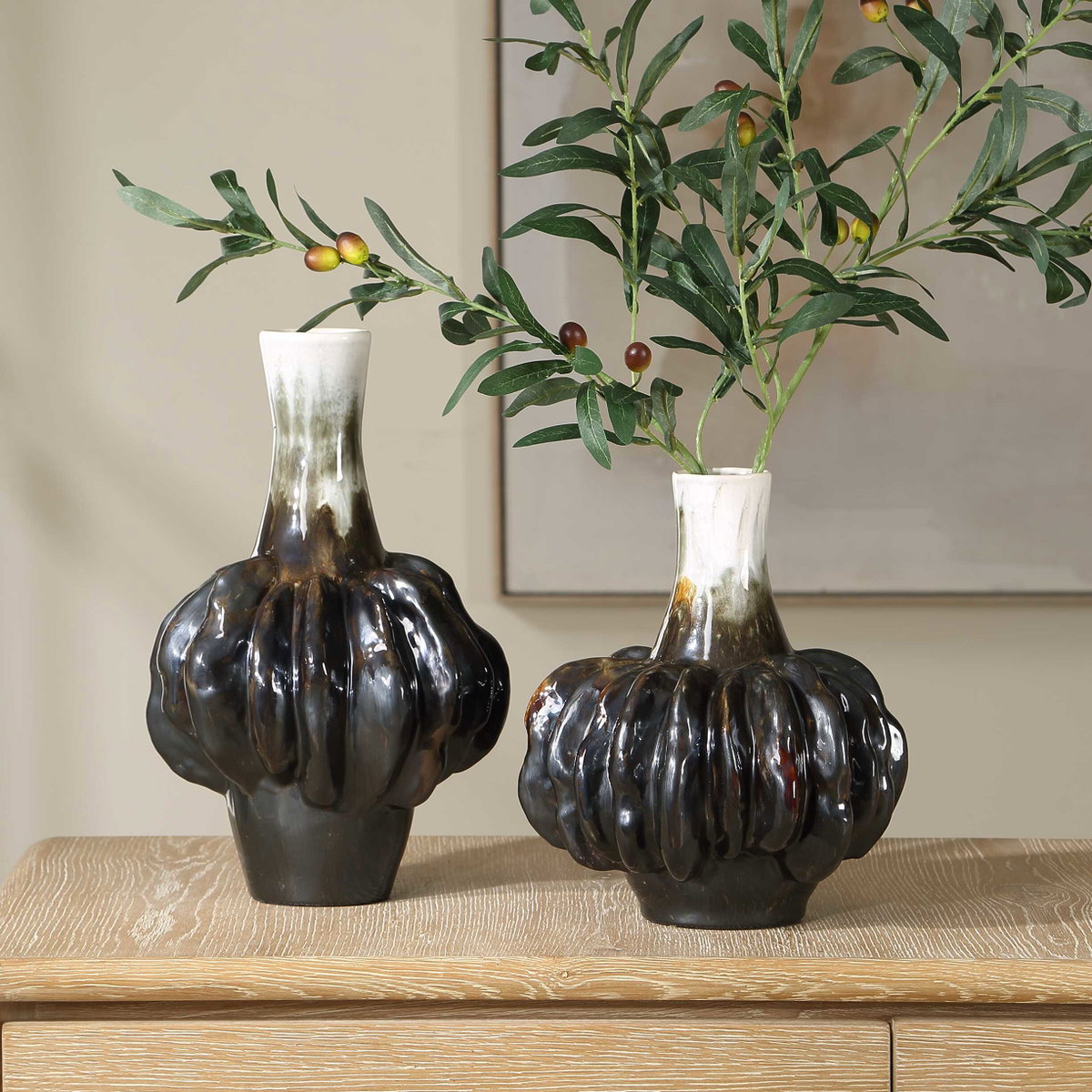 Umbrian White & Brown Gourd Vases Set/2, by Uttermost, 8.5" width x 13.25" height x 8.5" depth View 2