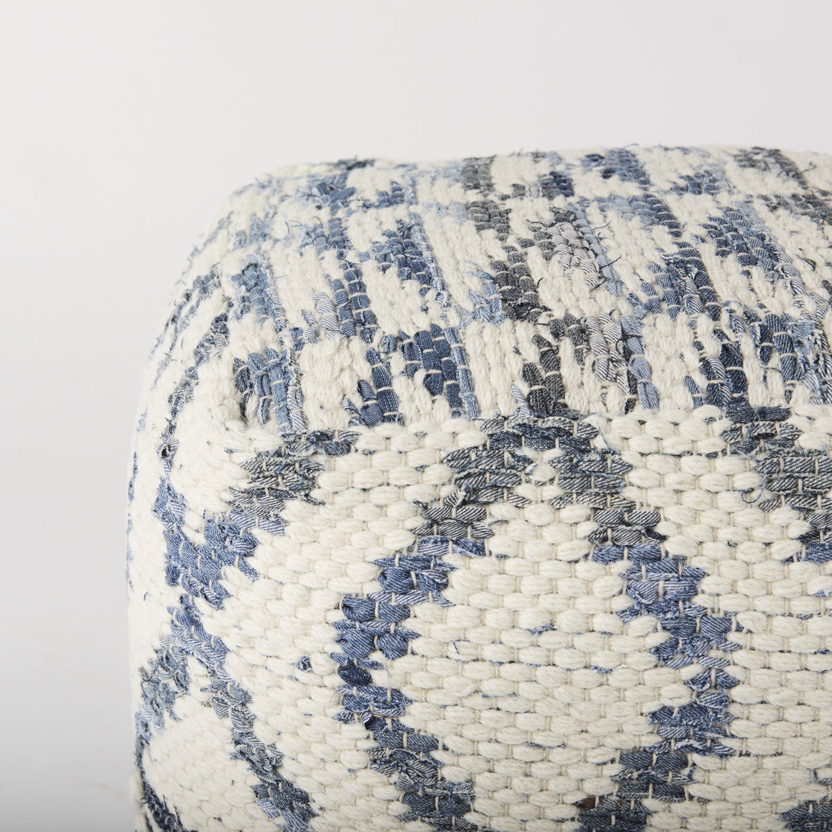 Eshana  Cream Wool and Denim Patterned Pouf, Ottoman by Mercana, 16" length x 16" width x 16" height View 5