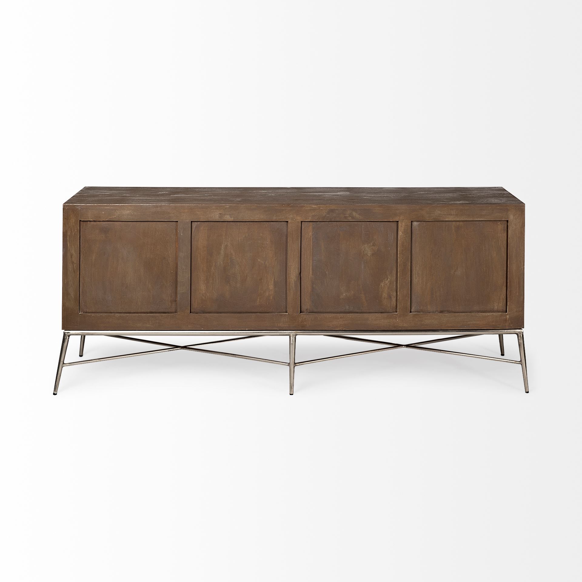 Swordfish 72L x 19W  x 30.25H Two-Tone Brown Wood Cabinet Silver Metal Base 4 Cabinet Door Sideboard, Sideboards & Buffet by Mercana, 72" length x 19" width x 30.12" height View 6