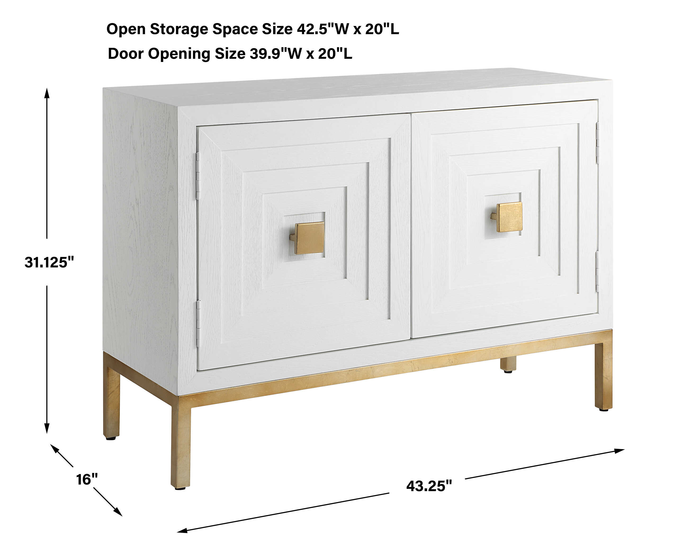 Aiken White 2 Door Cabinet, Furniture by Uttermost, 43.25" width x 31.12" height x 16" depth View 3