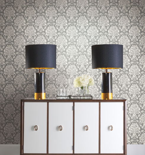 Block Print Damask Dark Grey Wallpaper