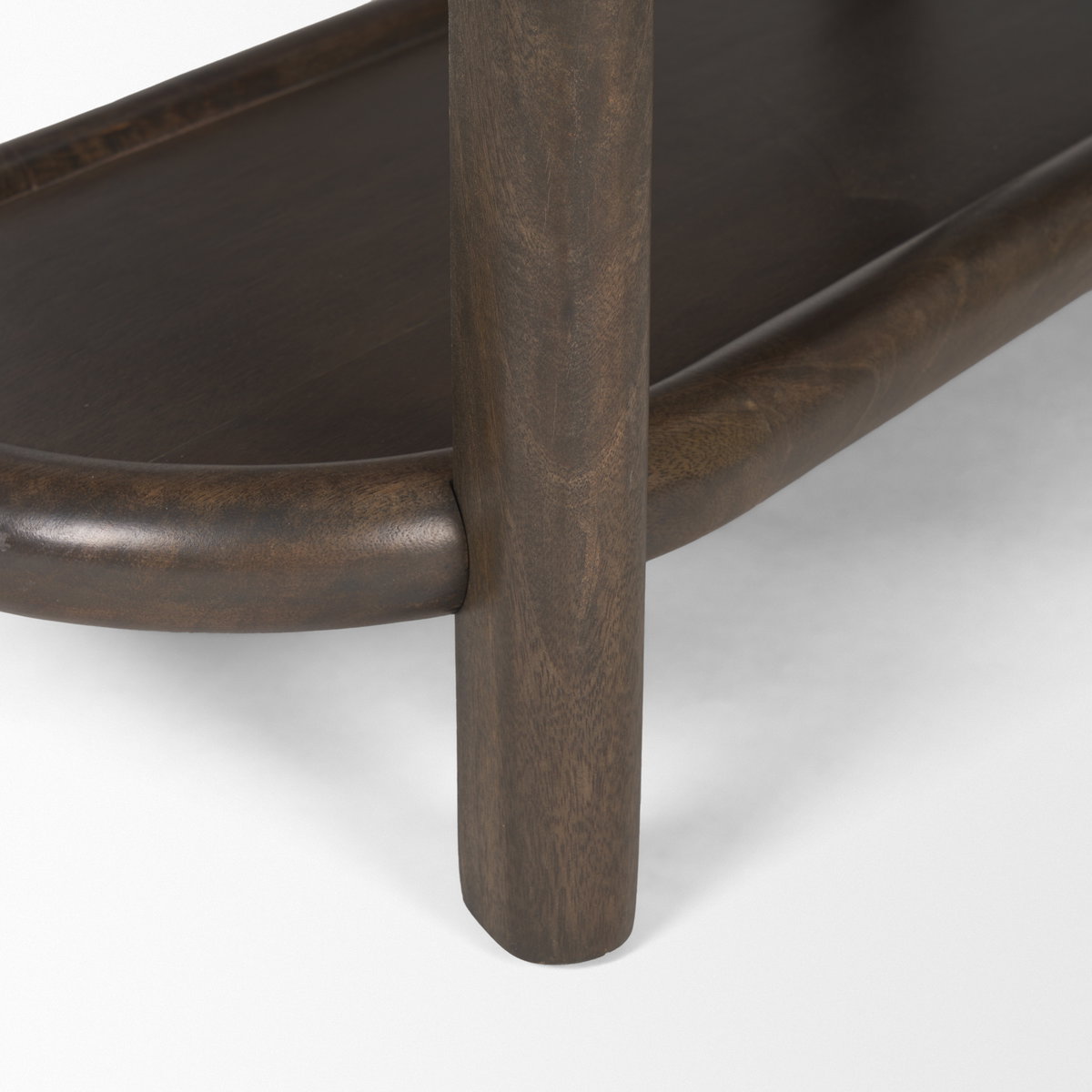 Romi Dark Brown Wood with 3 Shelves Oval Console Table, by Mercana, 80" length x 19" width x 30" height View 10