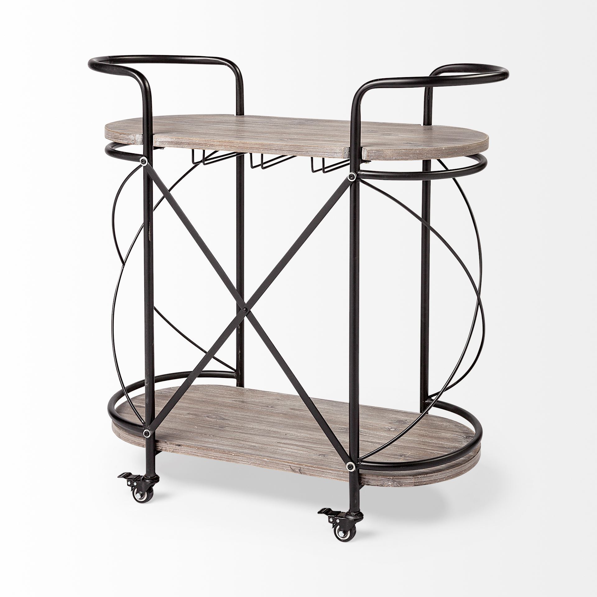 Marlon Black Metal Frame Two Tier Shelves with Stemware holder Bar Cart, Bar Carts & Cabinet by Mercana, 34.65" length x 15.35" width x 34.25" height View 7
