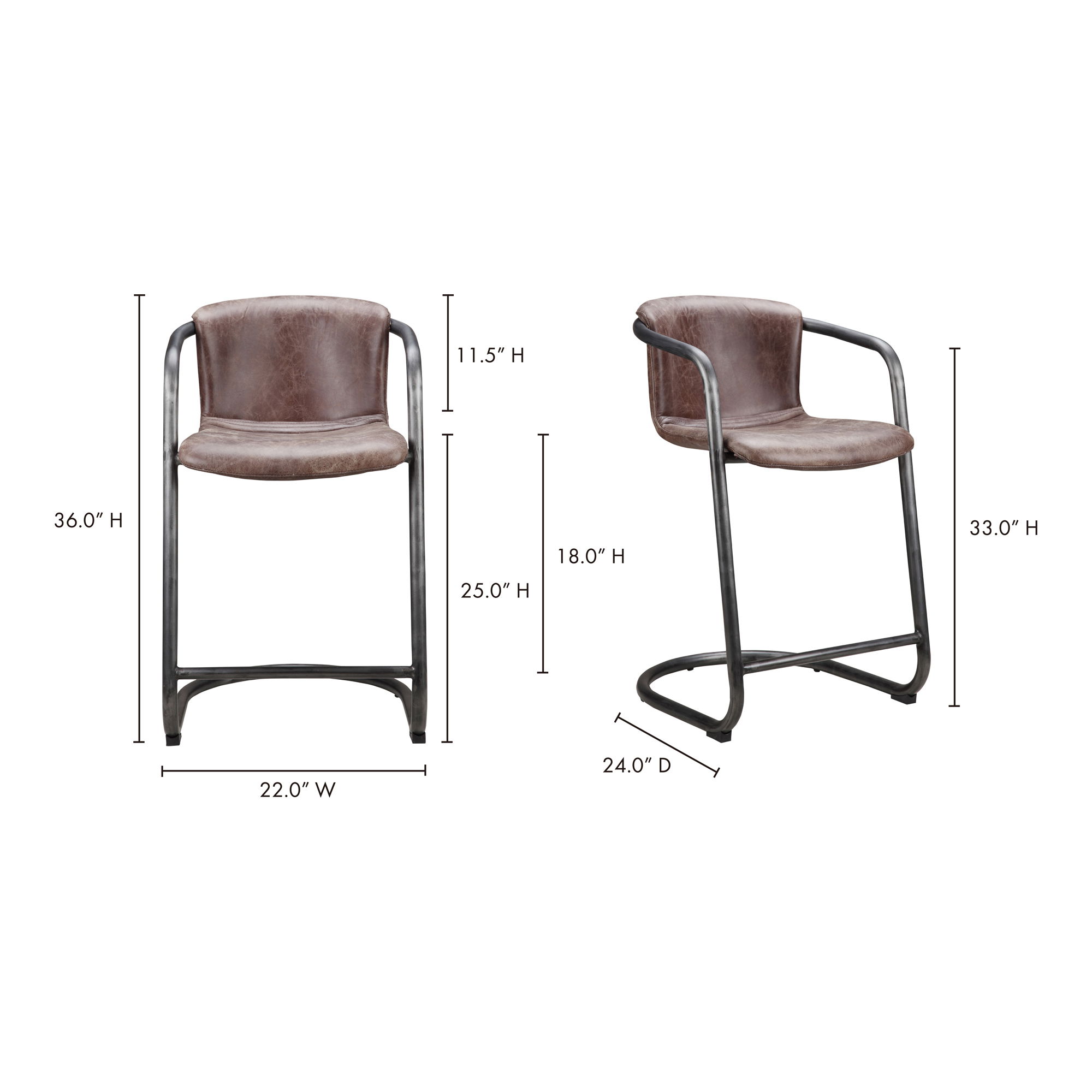 Freeman Counter Stool Grazed Brown Leather - Set Of Two, Counter & Bar Stool by Moe's Home, 22" width x 36" height x 24" depth View 6