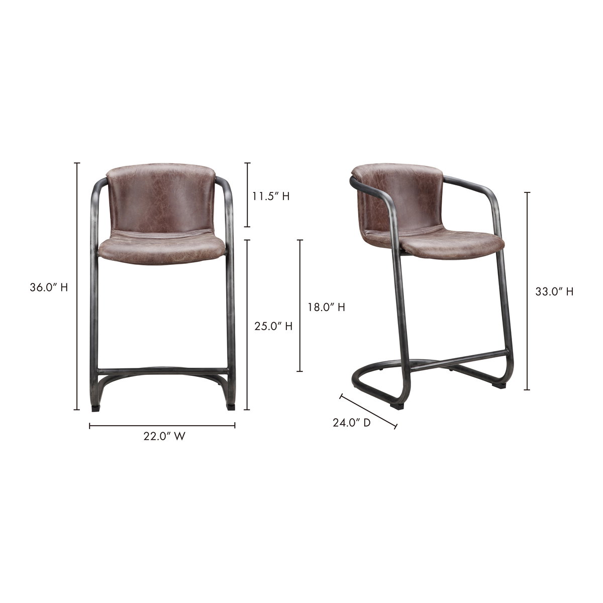 Freeman Counter Stool Grazed Brown Leather - Set Of Two, Counter & Bar Stool by Moe's Home, 22" width x 36" height x 24" depth View 7