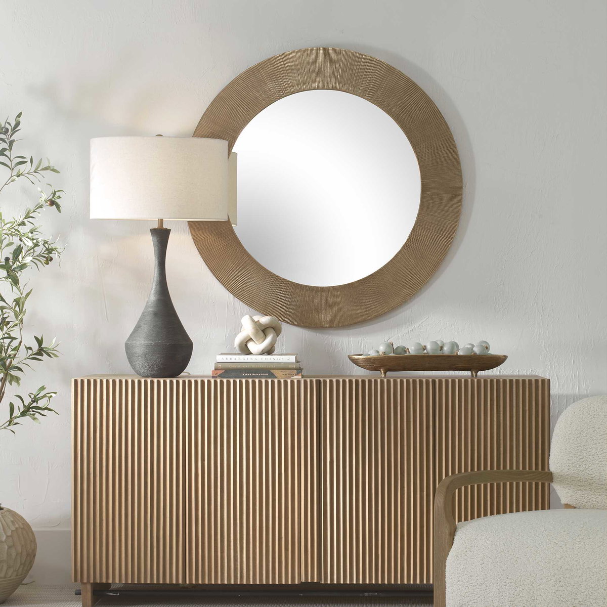 Tano Antique Brass Round Mirror, by Uttermost, 41" width x 41" height x 0.75" depth View 2