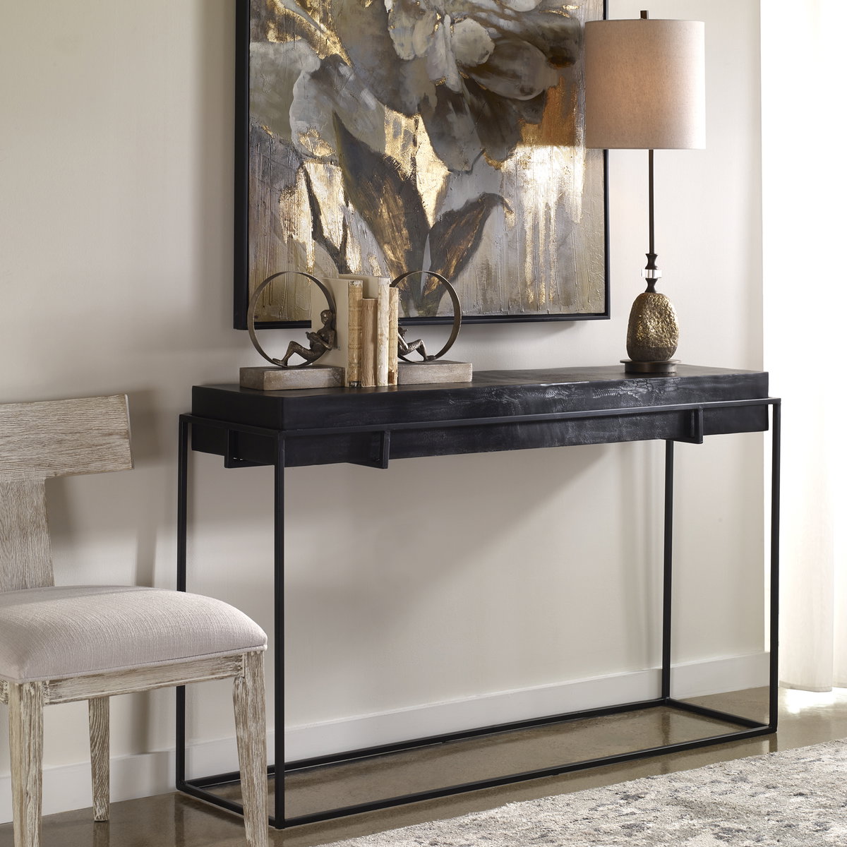 Telone Modern Black Console Table, by Uttermost, 55.12" width x 33.45" height x 14.6" depth View 2