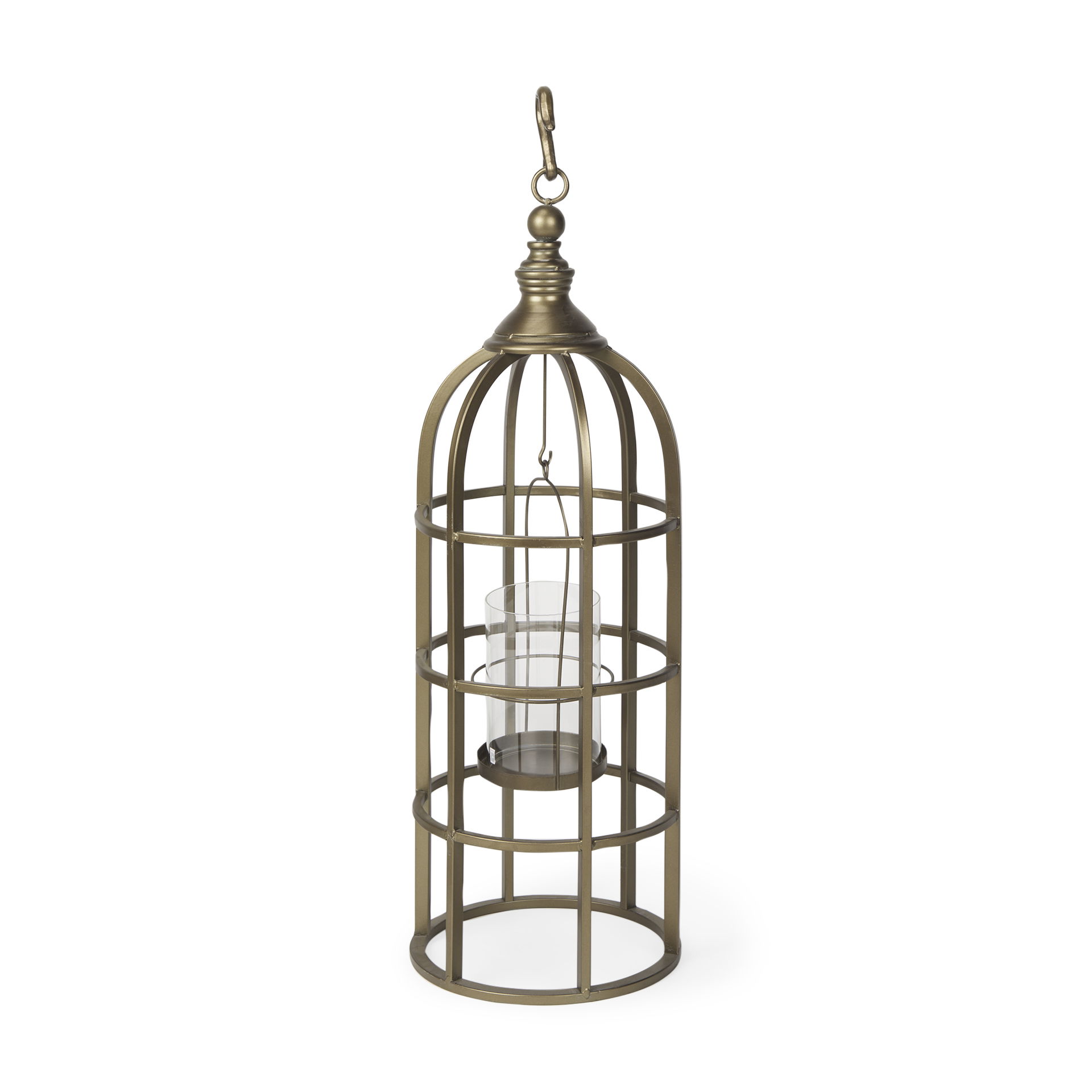 Gerson II Small Cage-Style Gold Metal Candle Holder Lantern, Lighting by Mercana, 11" length x 11" width x 34.8" height View 1