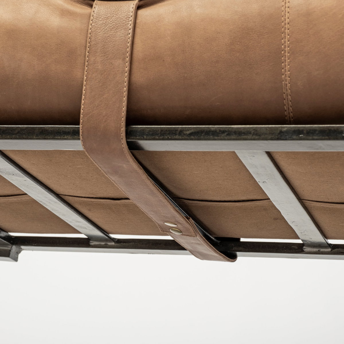 Jessie 55L x 16W Brown Leather Seat with Black Metal Base Accent Bench, Benche by Mercana, 55" length x 16" width x 20" height View 7