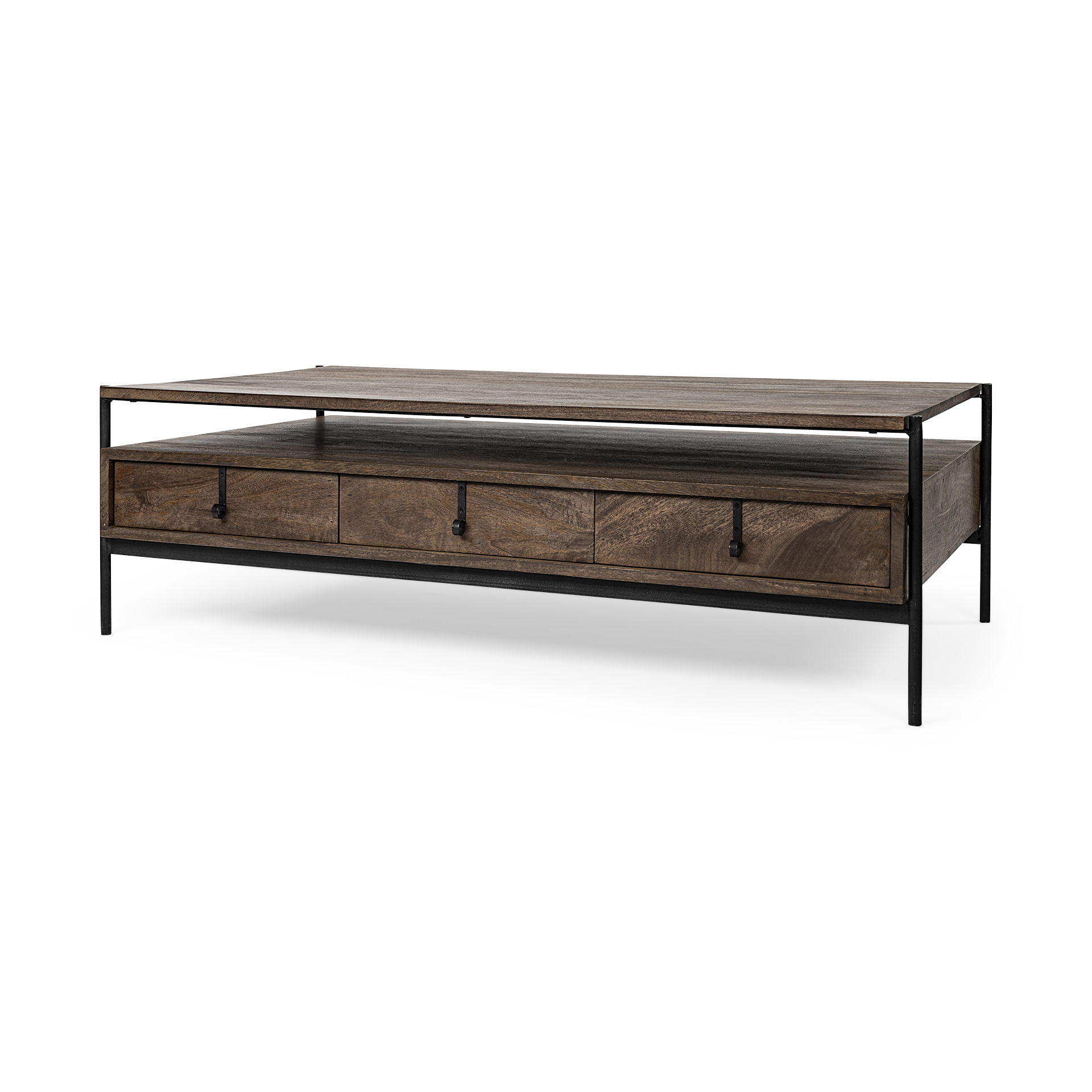 Glenn II 54x30 Dark Brown Wood with Black Iron Frame, Rectangle 3 Drawers Coffee Table, by Mercana, 55.75" length x 30.5" width x 17" height View 1