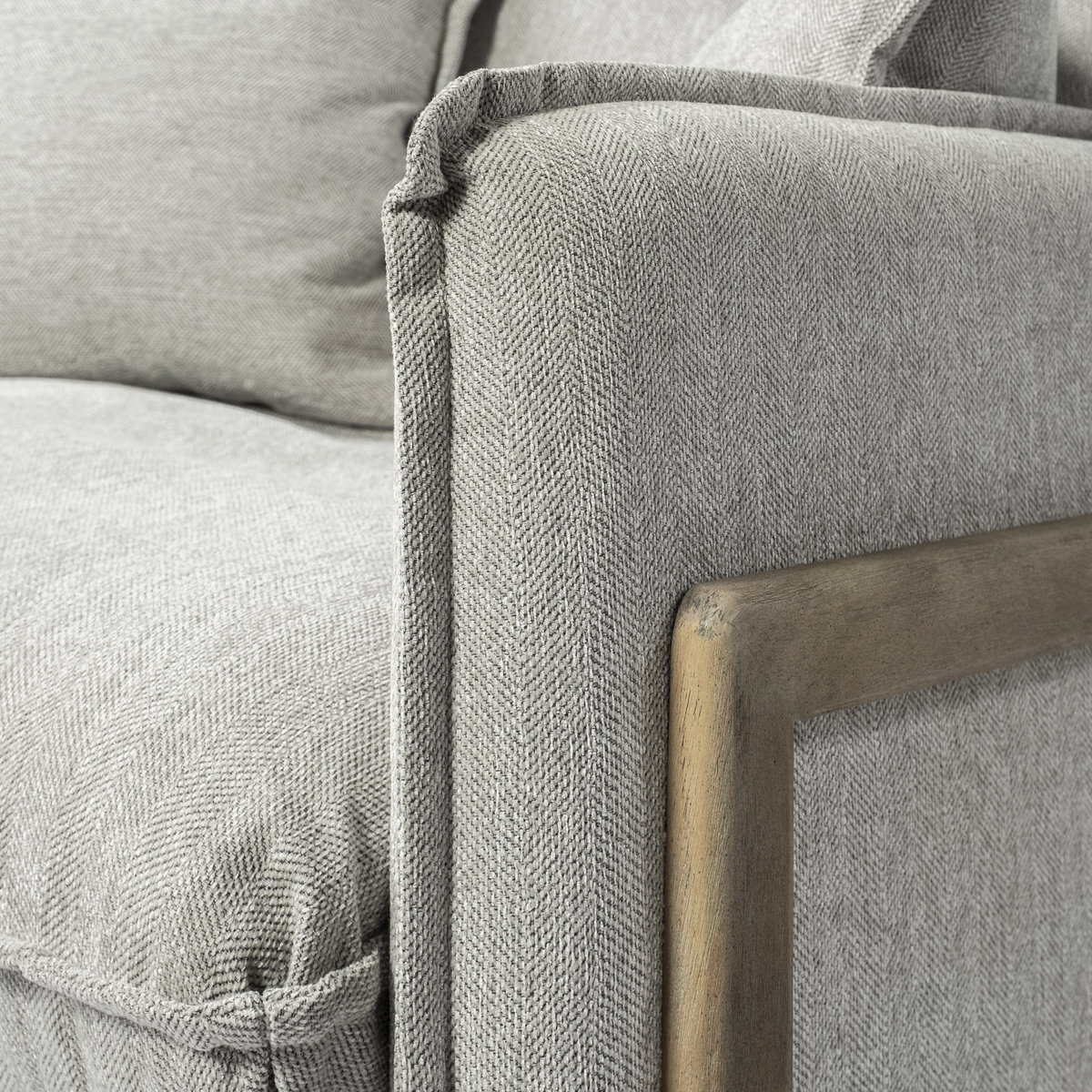 Roy II Frost Gray Upholstered and Brown Wood Frame Arm Chair, Accent Chair by Mercana, 43.31" length x 41.73" width x 33.07" height View 7