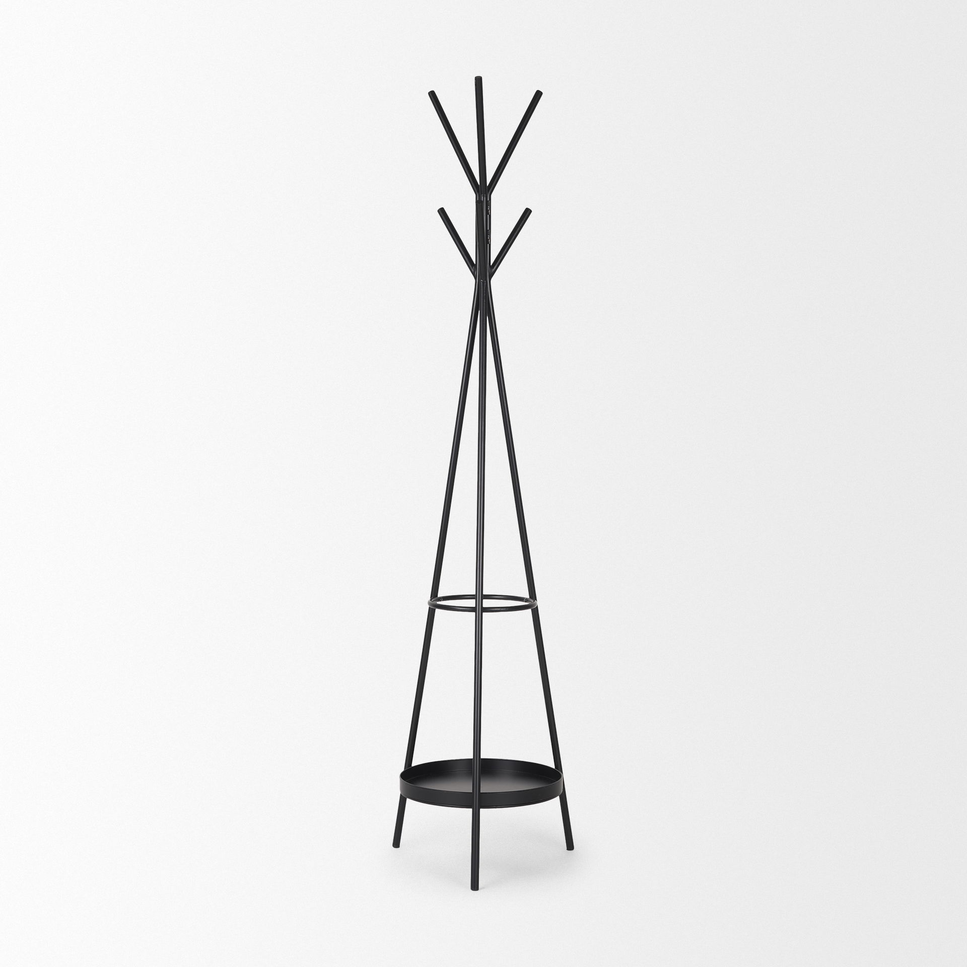 Everett Matte Black Metal with Two Metal Shelves Coat Rack, Stands, Racks & Hook by Mercana, 17" length x 17" width x 71" height View 4