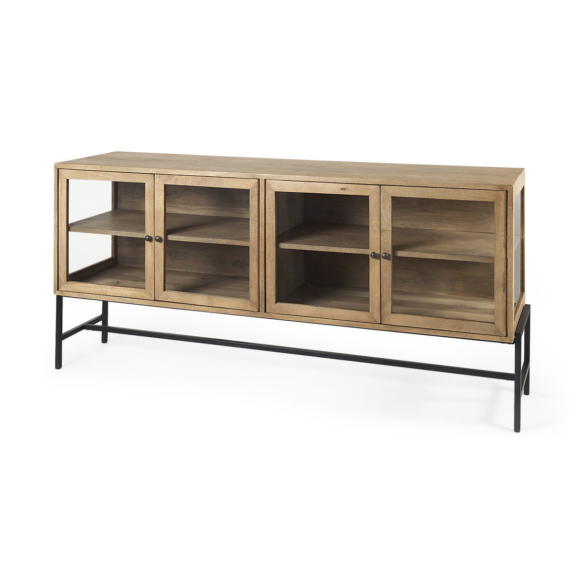 Arelius 70L x 18.75W x 32H Light Brown Wood, Black Metal Base with 4 Glass Cabinet Doors Sideboard, Sideboards & Buffet by Mercana, 70" length x 18.75" width x 32" height View 1