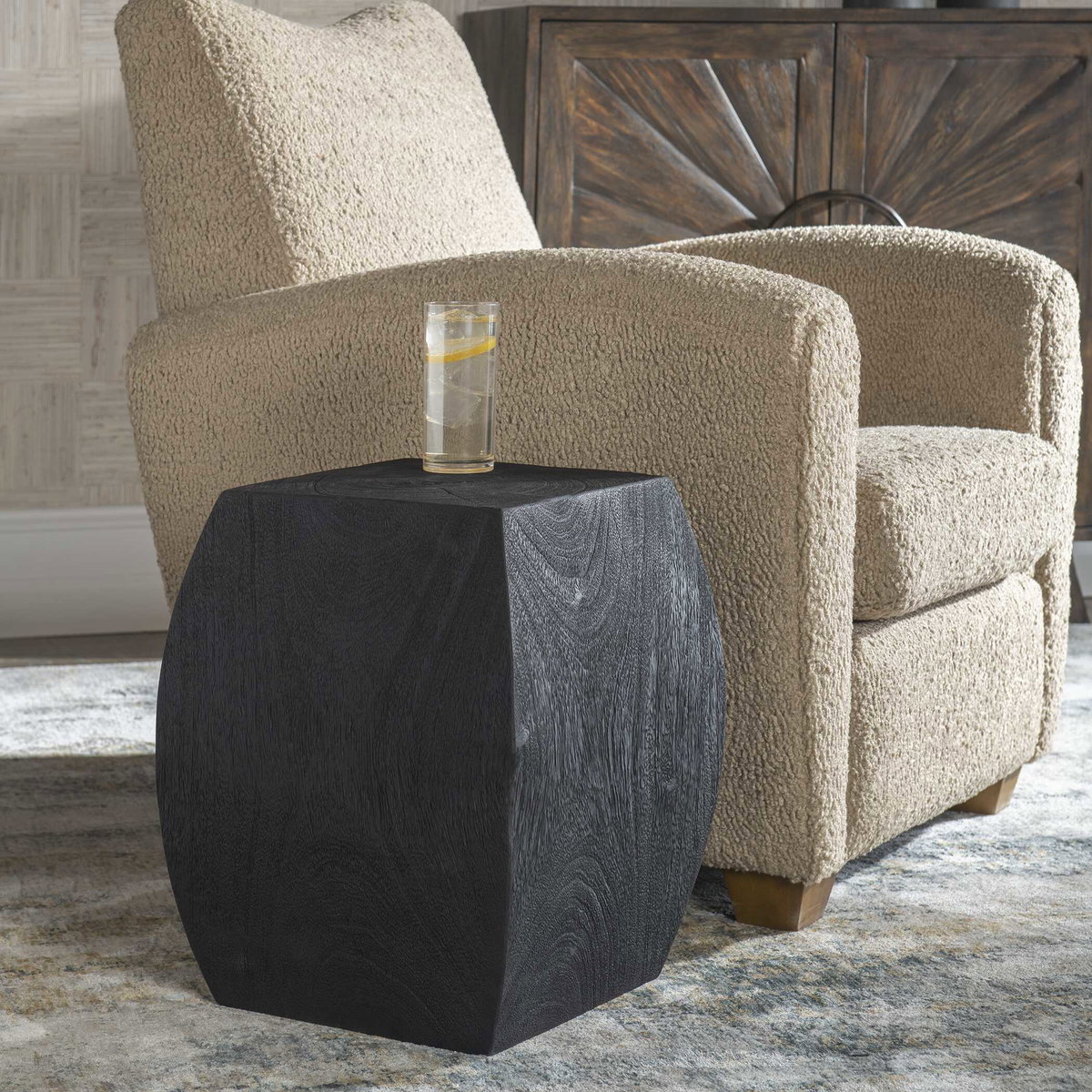 Grove Black Wooden Accent Stool, Low Stool by Uttermost, 14.6" width x 17" height x 14.6" depth View 2