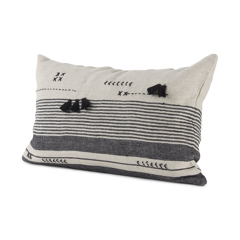 Thalia 13x21 Black and Beige Fabric Striped and Fringed Decorative Pillow Cover
