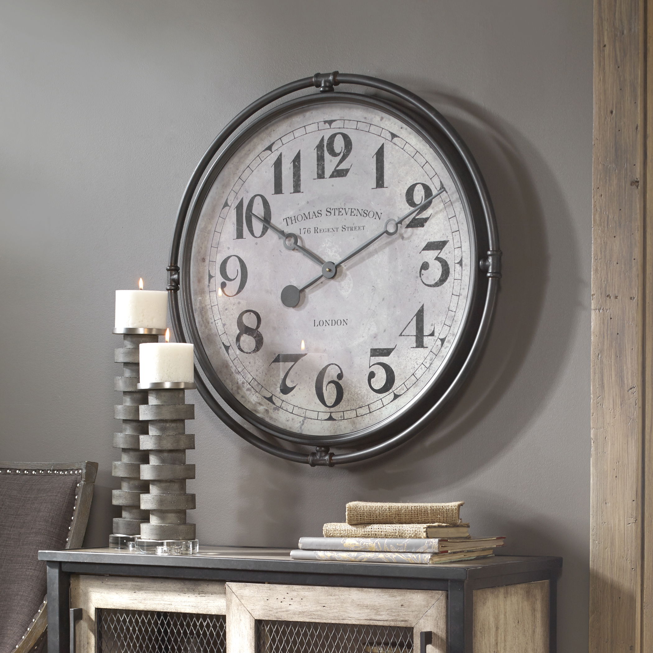 Nakul Industrial Wall Clock, by Uttermost, 29.5" width x 29.5" height x 2.5" depth View 2